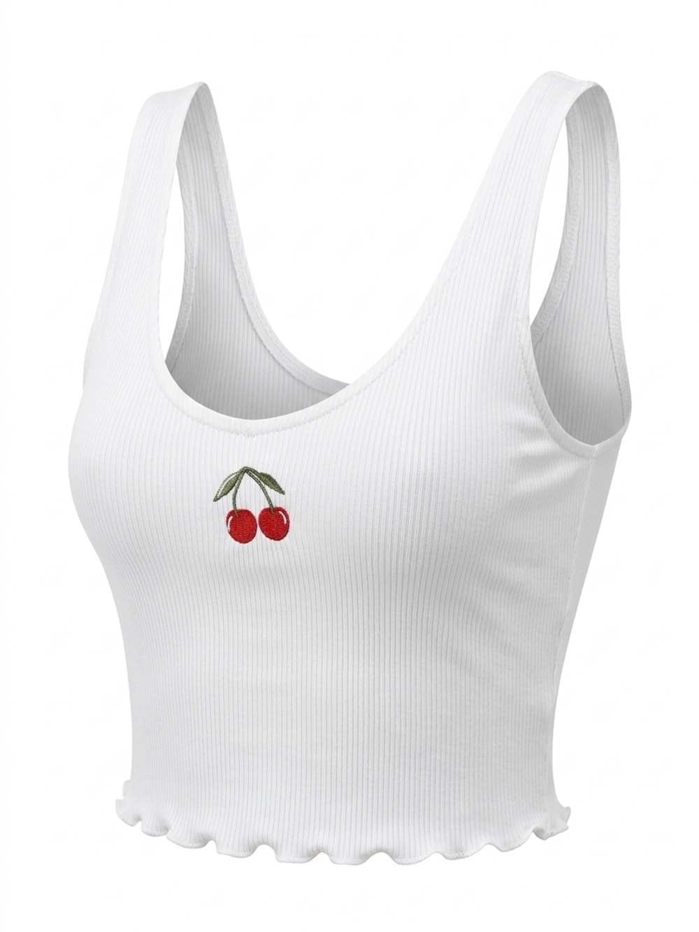 White Ribbed Crop Tank Top with Cherry Embroidery - Women's